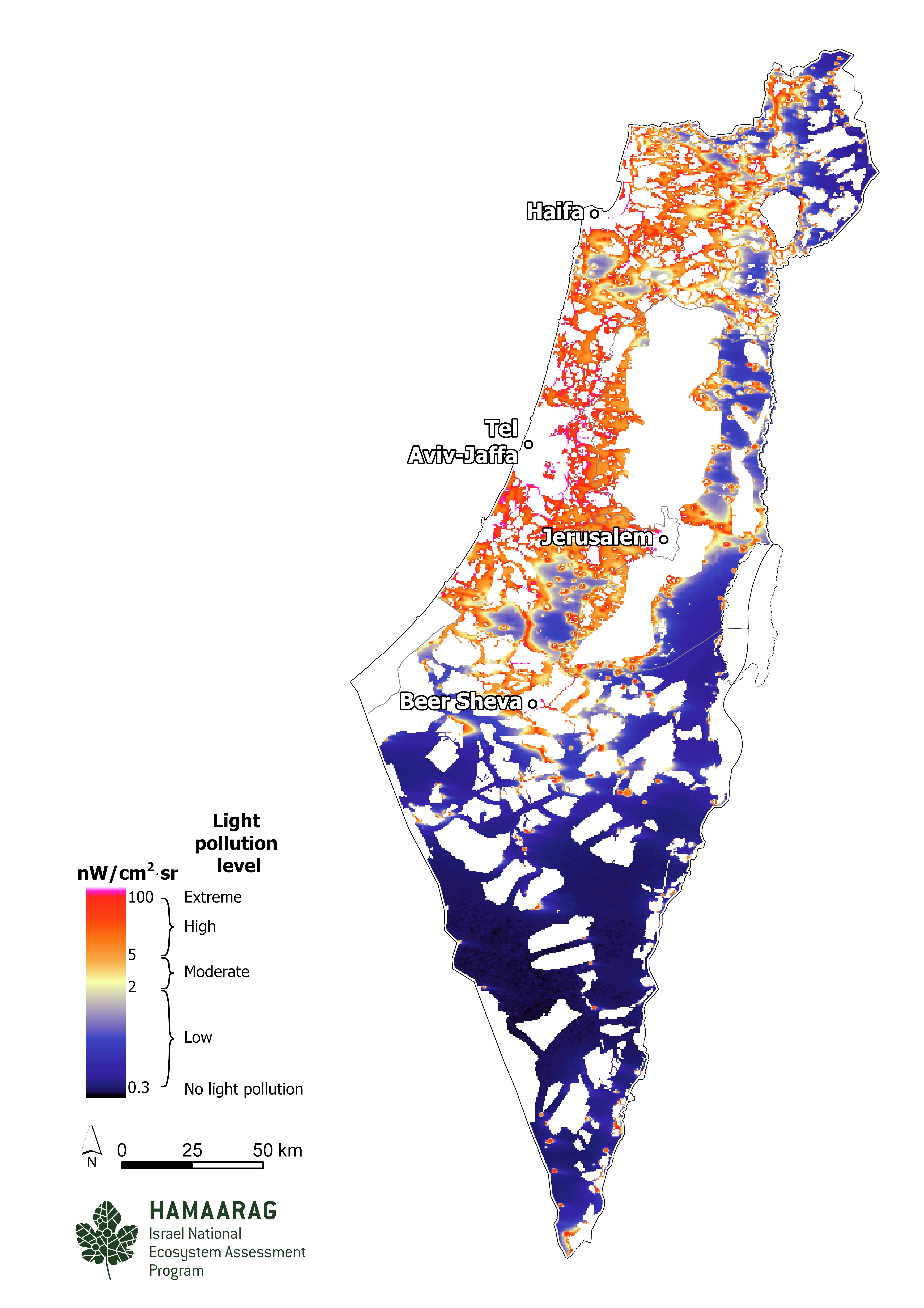 Light pollution intensities in ecological corridors