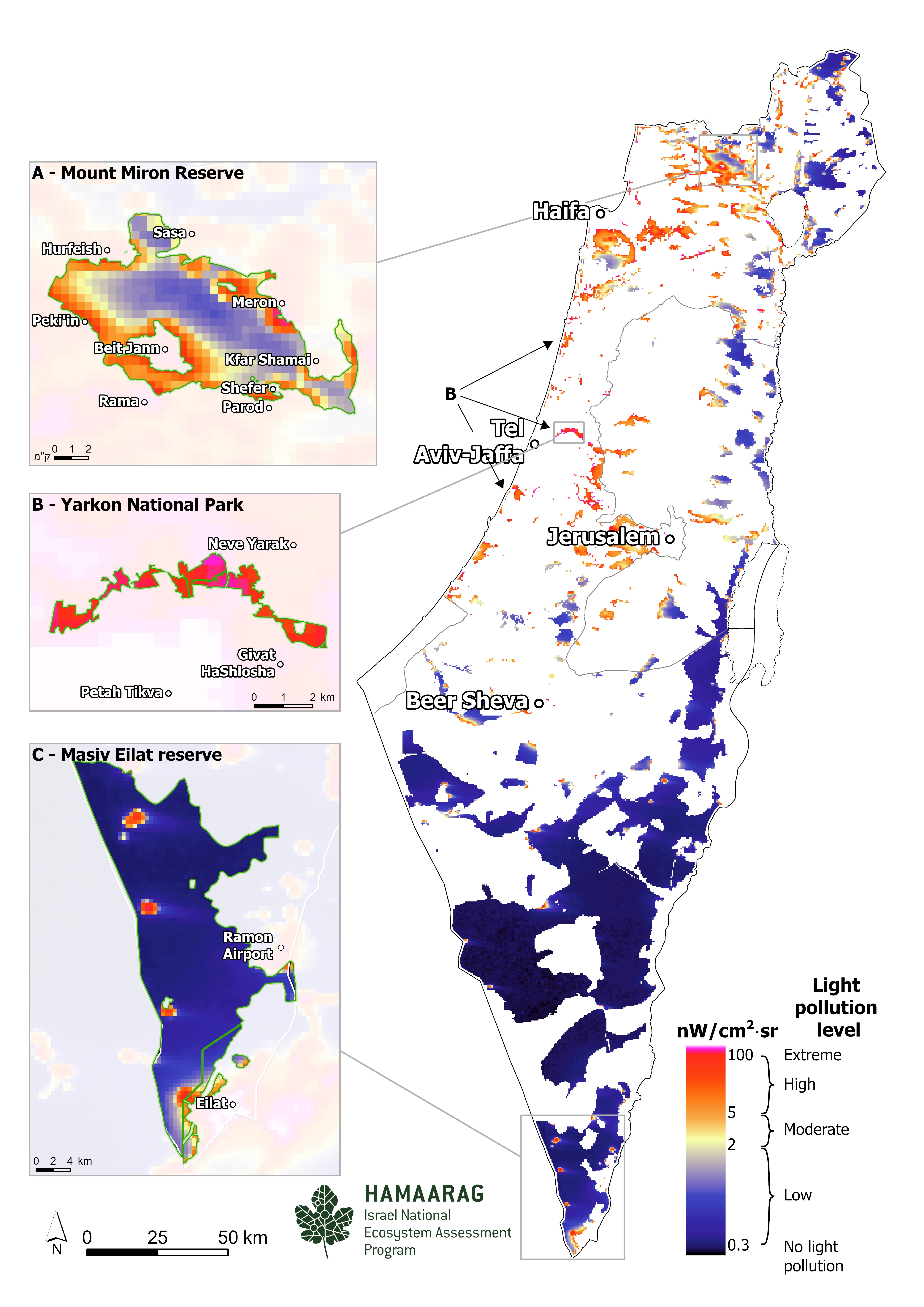 Light pollution intensities in natural reserves in Israel